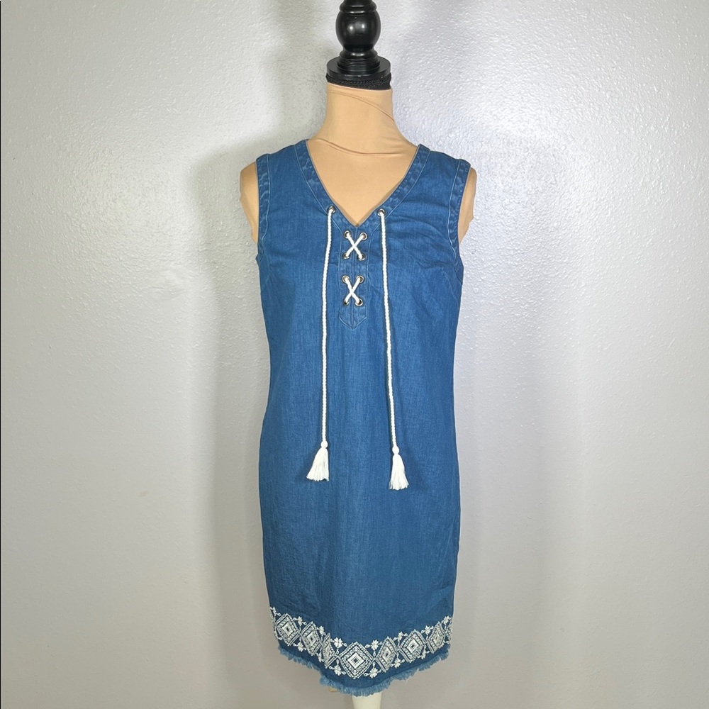Chambray denim embroidered tassel vneck lace up shift mini dress S boho casual - Picture 2 of 12